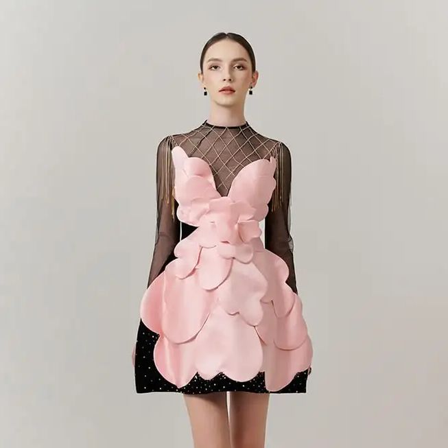 Formal Wear Gowns For Women - Gothic Black Pink Floral Mini Dress