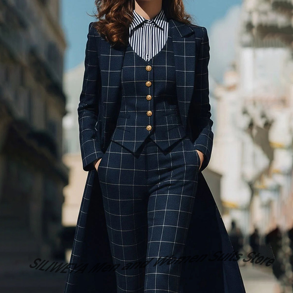Blazer Set Women Formal - Sophisticated Navy Blue Women's Plaid Blazers