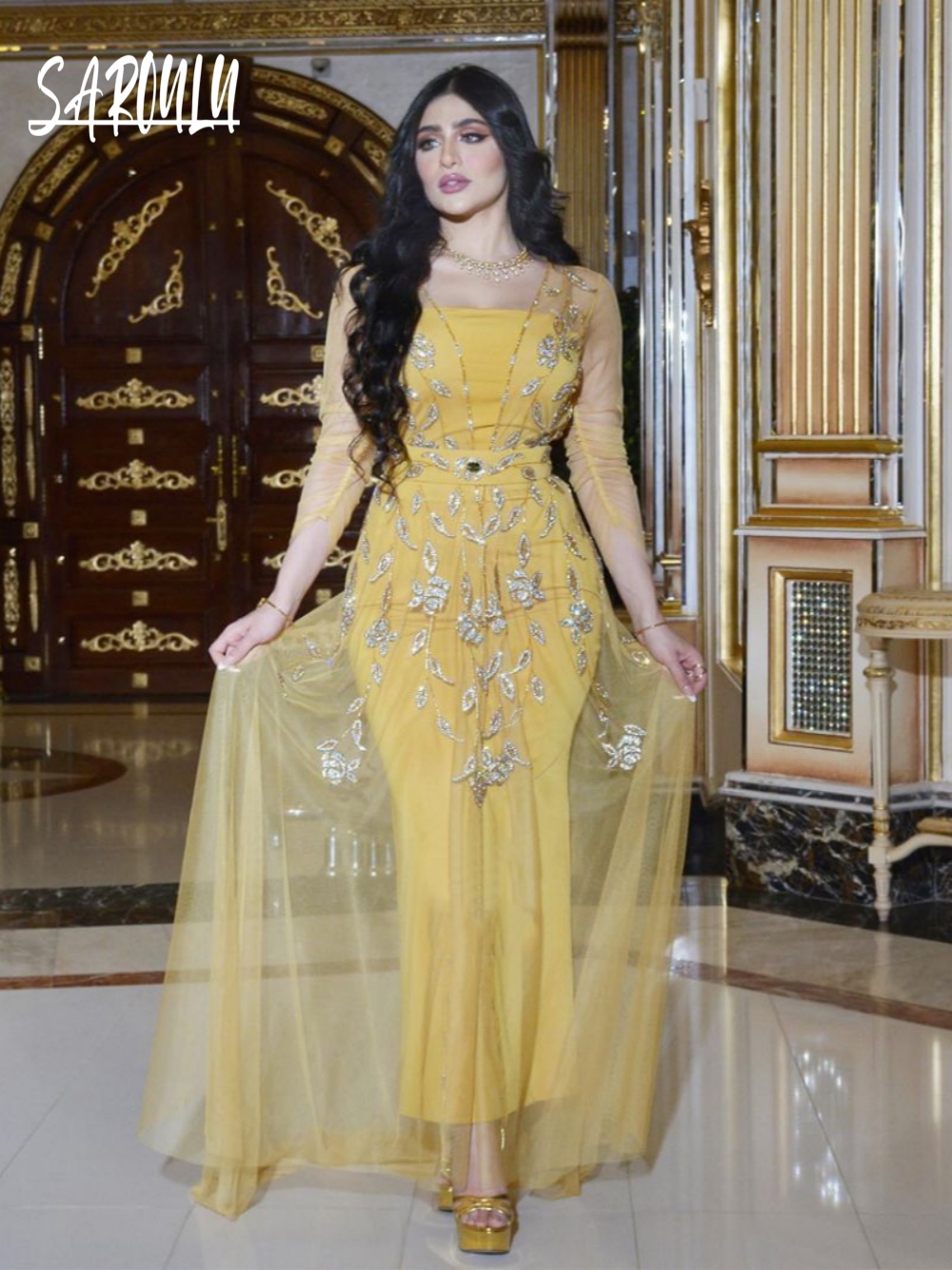 Elegant Yellow Caftan Evening  – Women Formal Wear Sale Bewertung und Preis