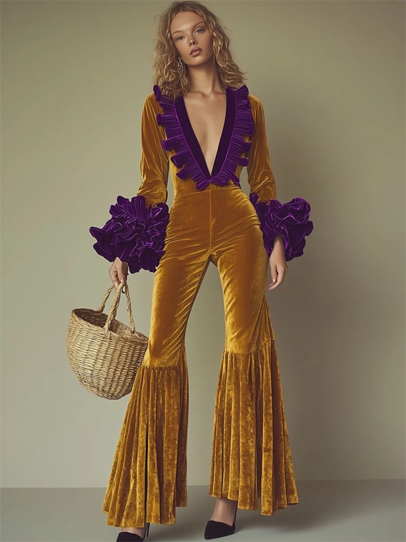 Yellow Purple Velvet Women Jum – Women'S Formal Wear Jumpsuit Bewertung und Preis