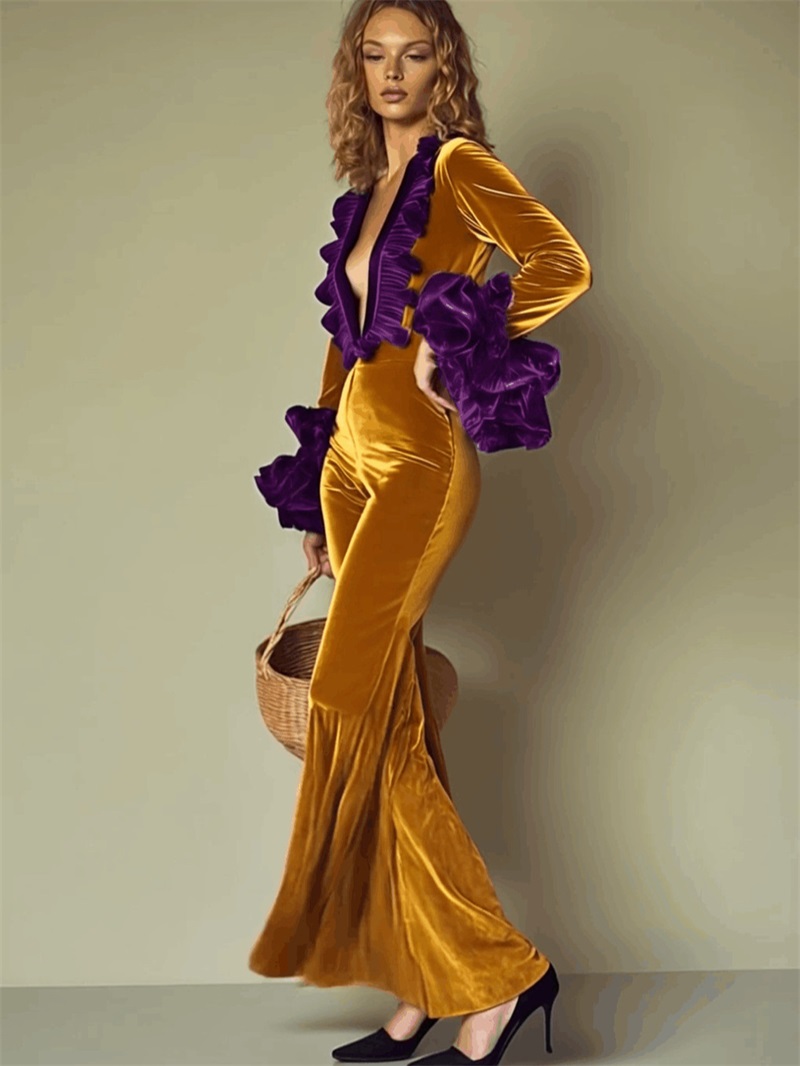Yellow Purple Velvet Women Jum – Women'S Formal Wear Jumpsuit Bewertung und Preis